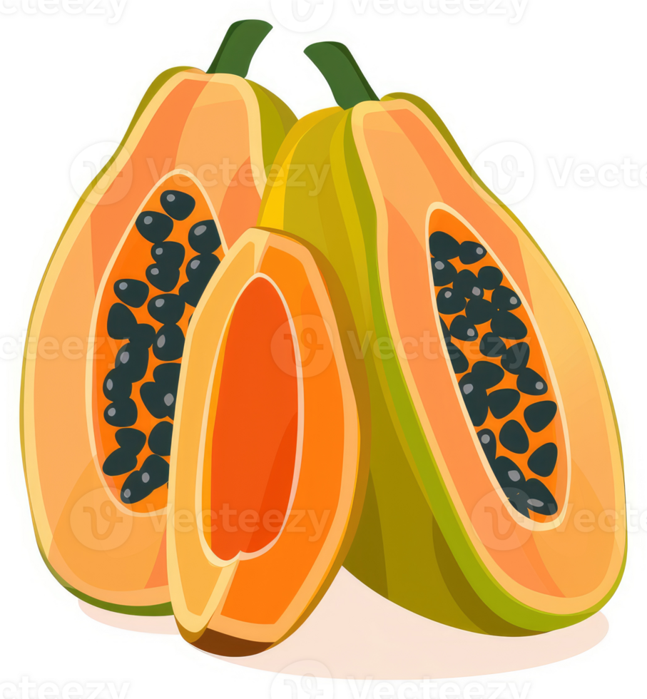 Two halves of a papaya, showcasing its vibrant colors and seeds. png