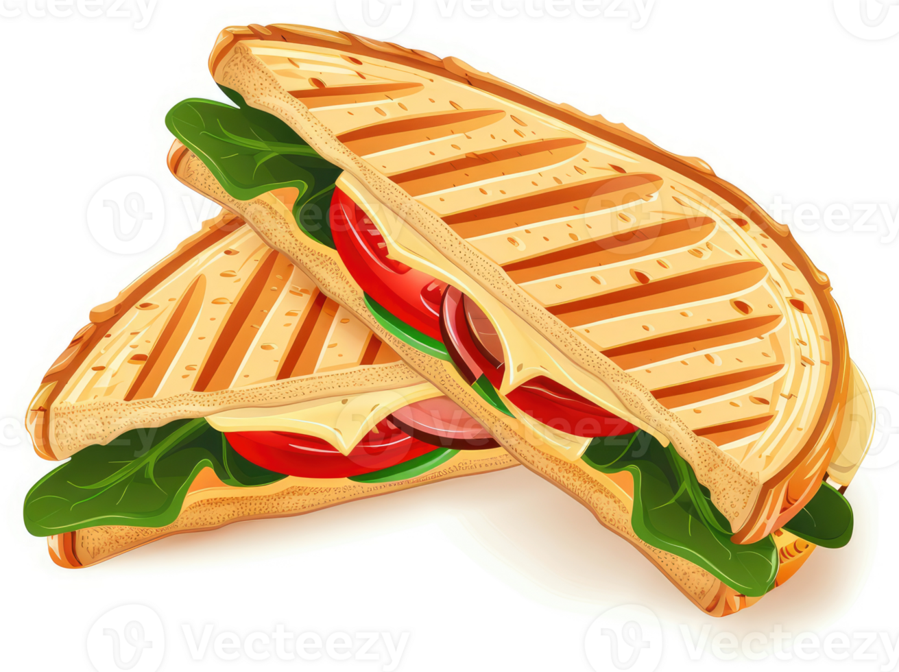 A grilled cheese sandwich with ham, tomato, and spinach. png