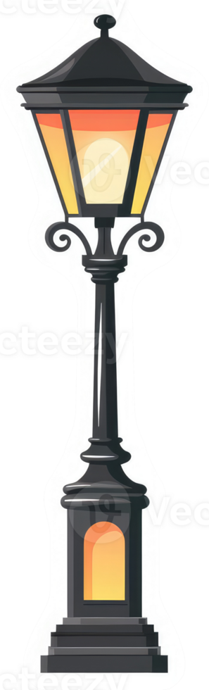 A vintage style street lamp with warm orange glow. png