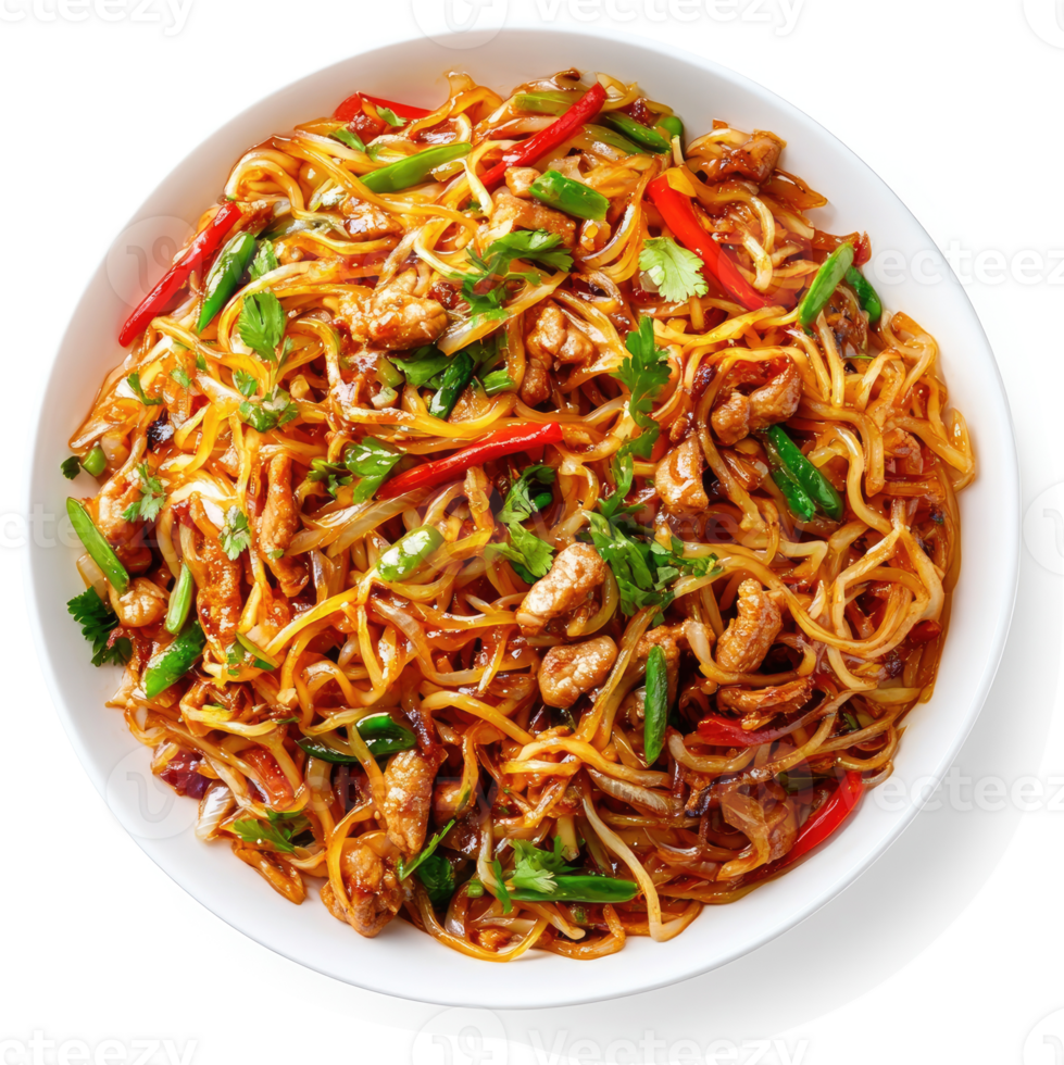 A plate of flavorful and colorful stir-fried noodles with pork. png