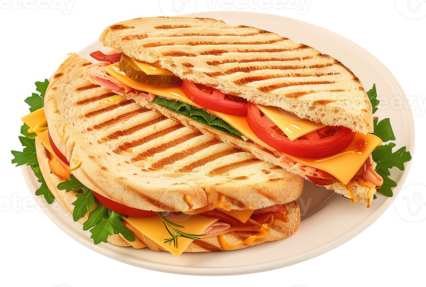 A grilled cheese sandwich with ham, tomatoes, and pickles, served on a plate. png