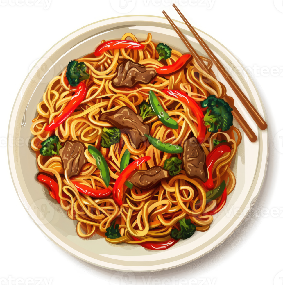 A plate of flavorful beef chow mein noodles with vegetables. png