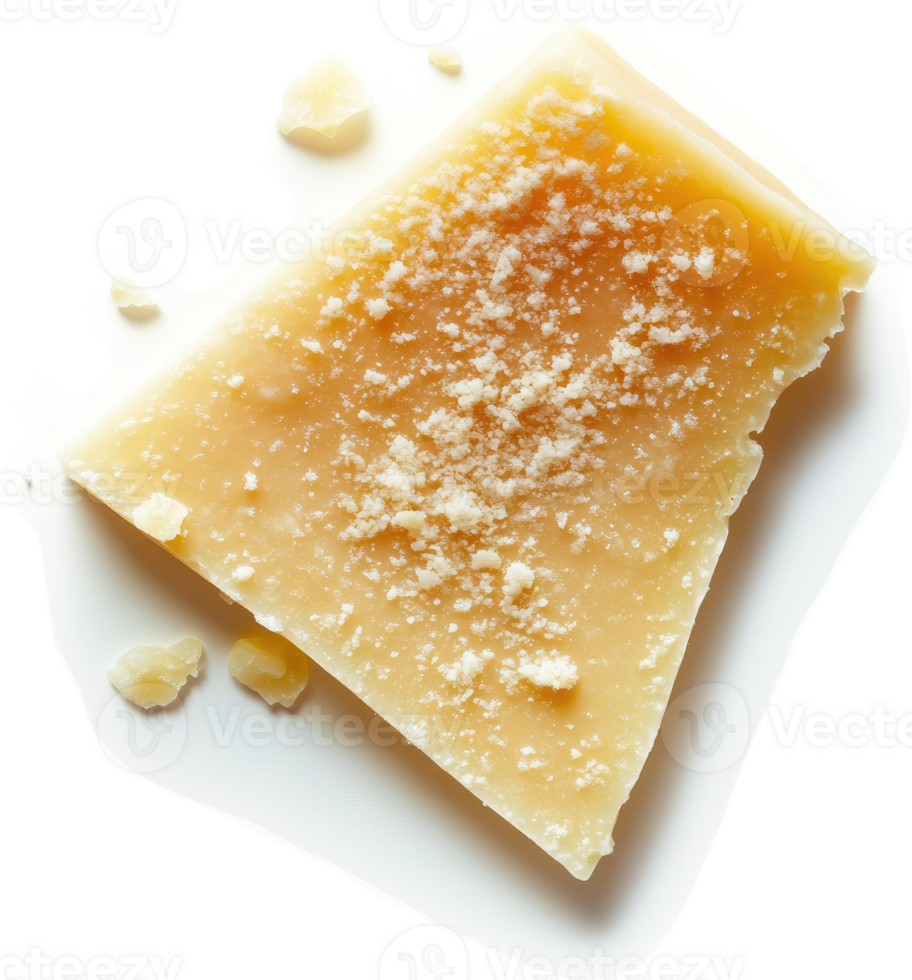 A wedge of aged parmesan cheese, sprinkled with grated parmesan. png
