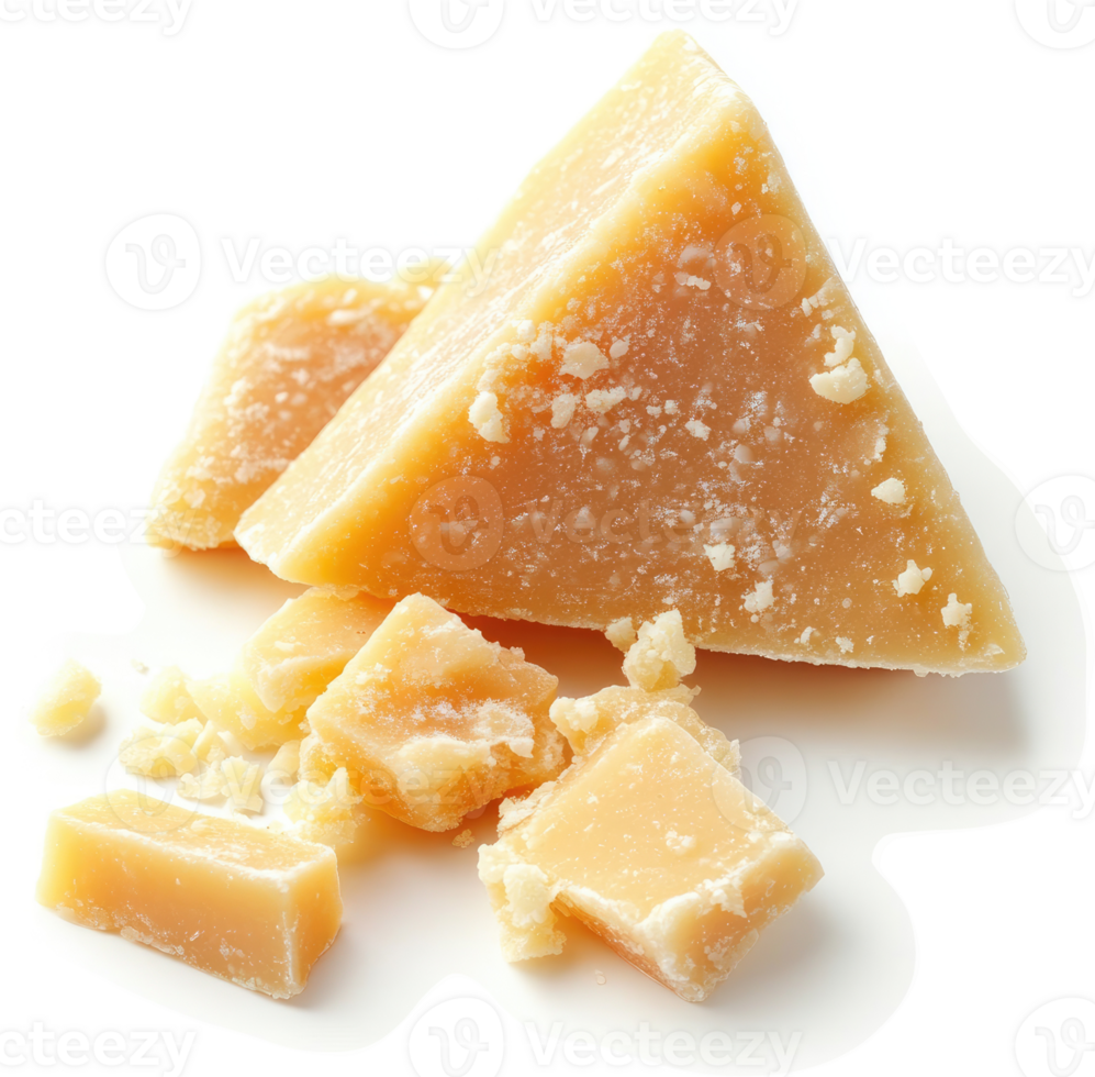 A triangular wedge of aged cheese, scattered with crumbles. png