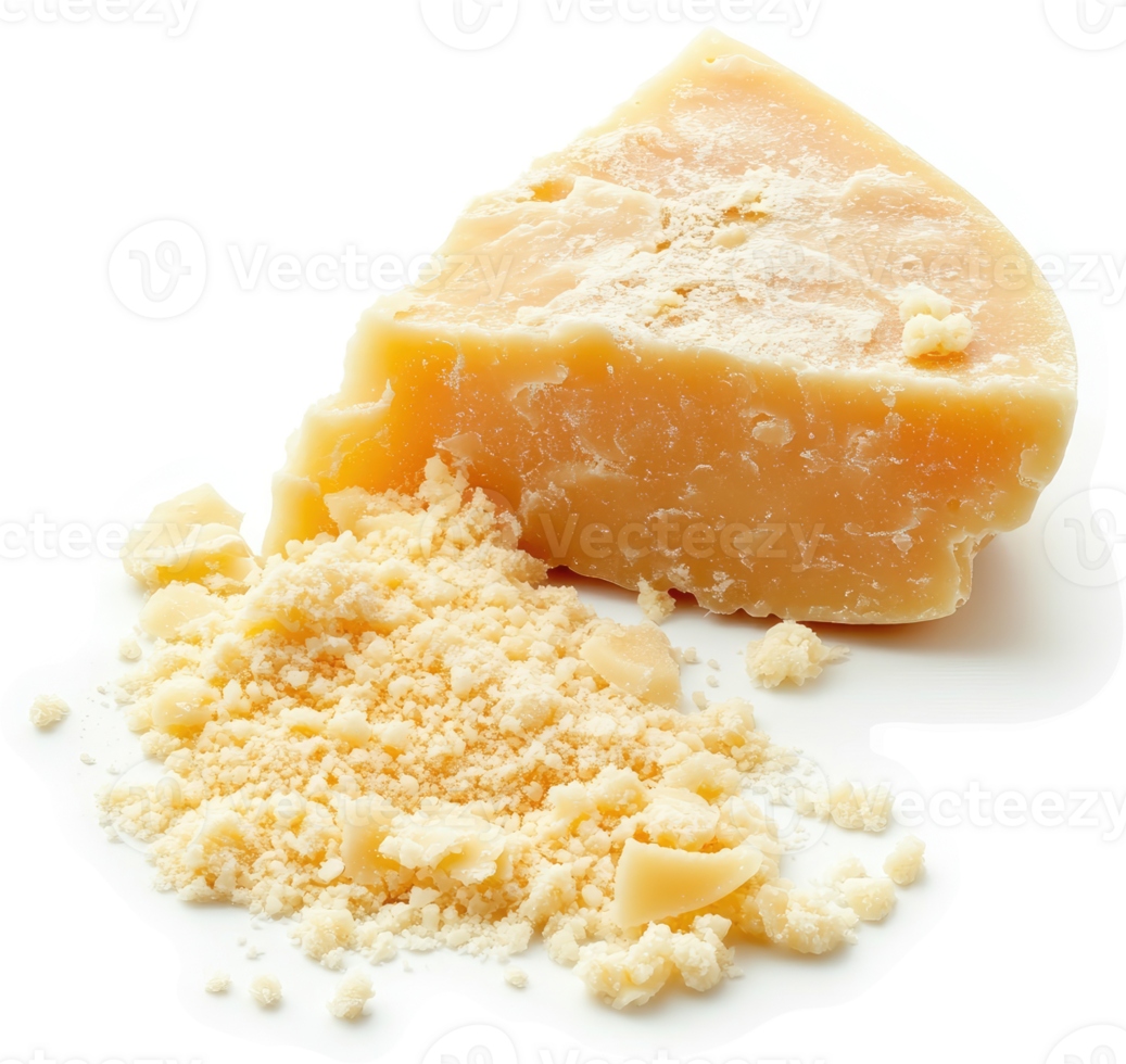A wedge of aged hard cheese with crumbled pieces. png