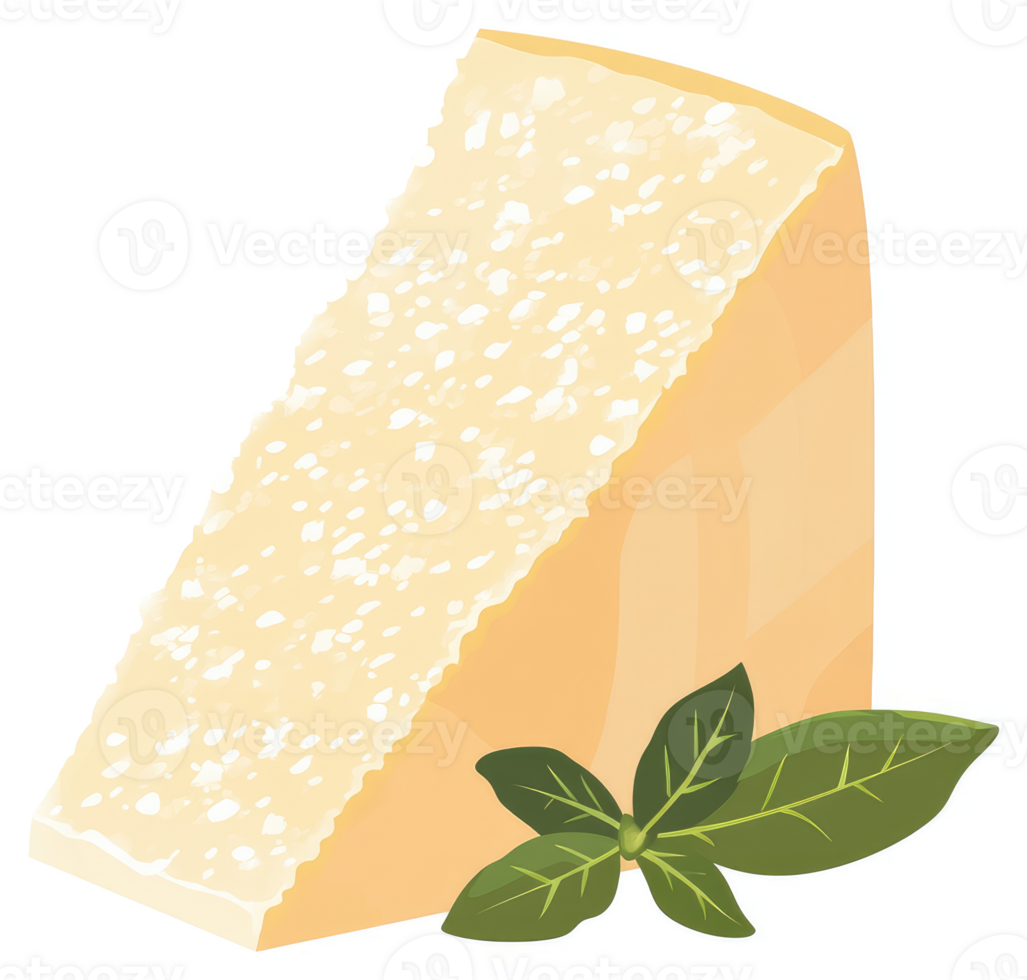 A triangular wedge of aged parmesan cheese with basil leaves. png