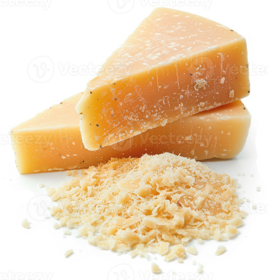 Aged parmesan cheese slices and grated parmesan cheese. png