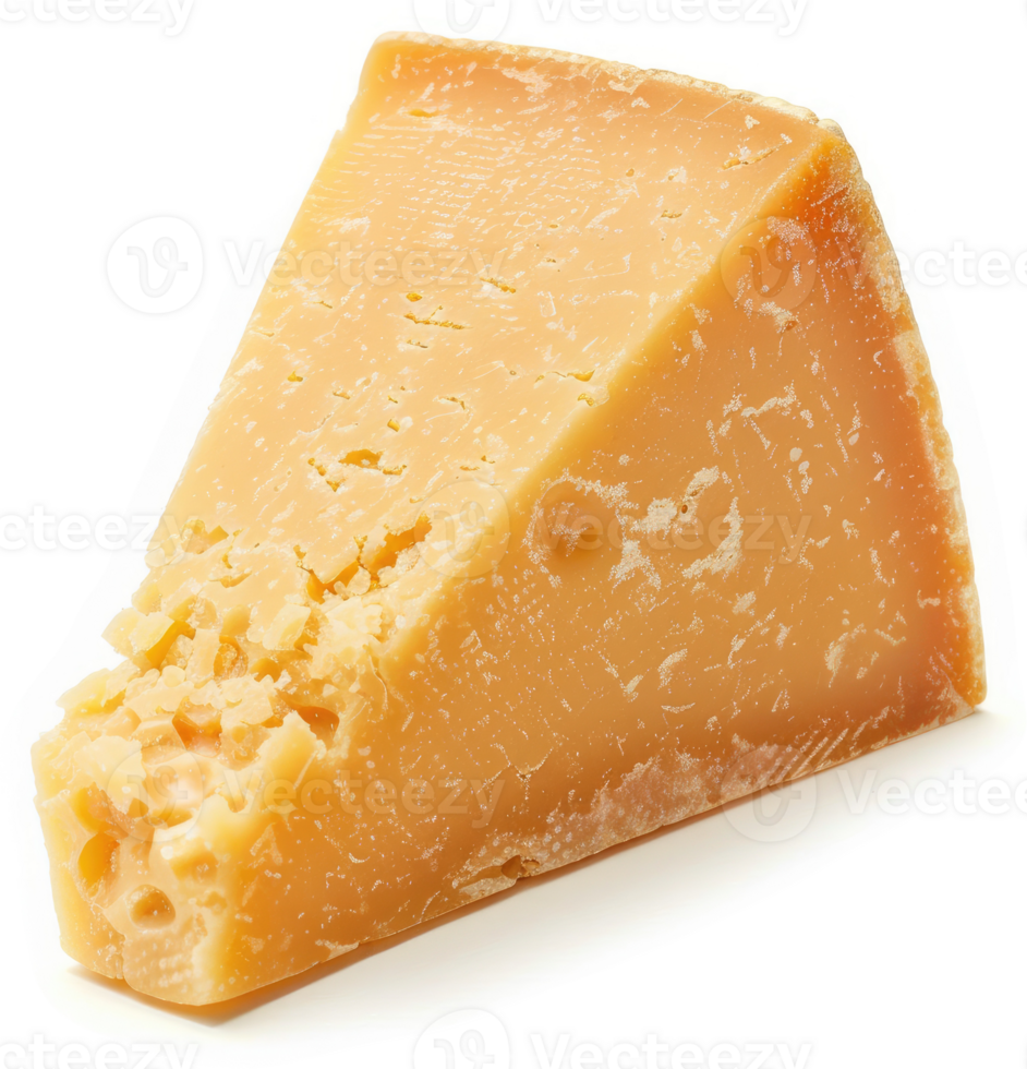 Close-up of a triangular wedge of aged gouda cheese. png