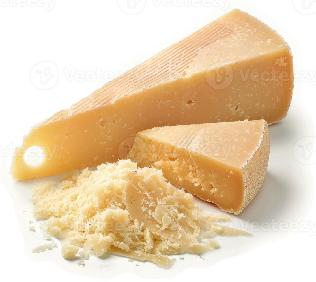 A triangular wedge of cheese and grated cheese on a white surface. png