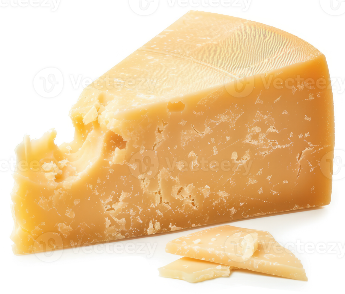 A wedge of aged hard cheese, ready to be enjoyed. png