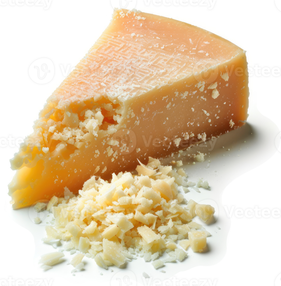 A wedge of parmesan cheese, with grated parmesan, displayed on a white surface. png