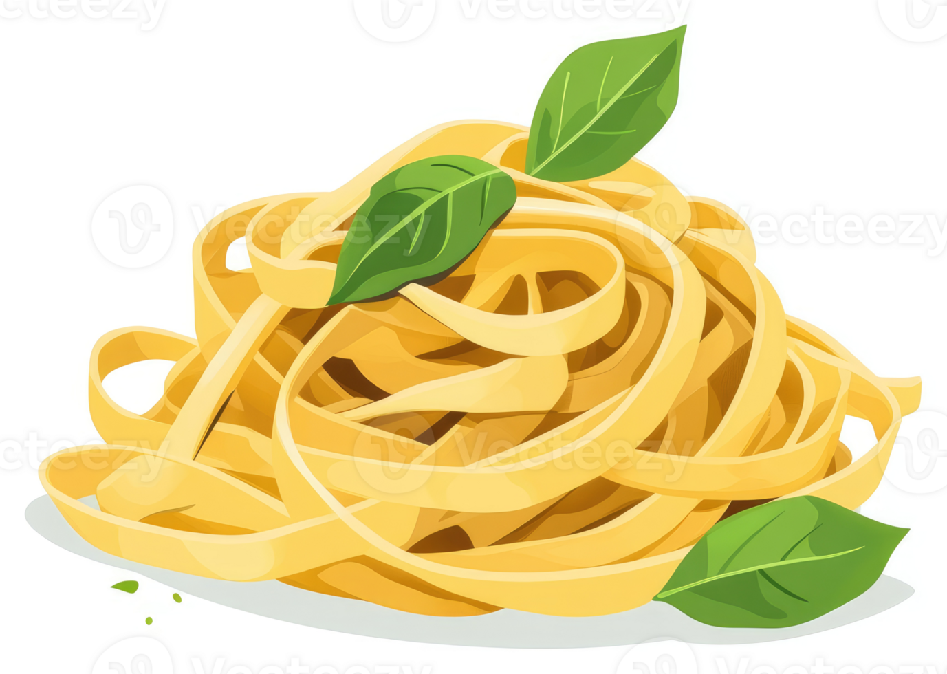 A delicious heap of yellow pasta with fresh basil leaves. png