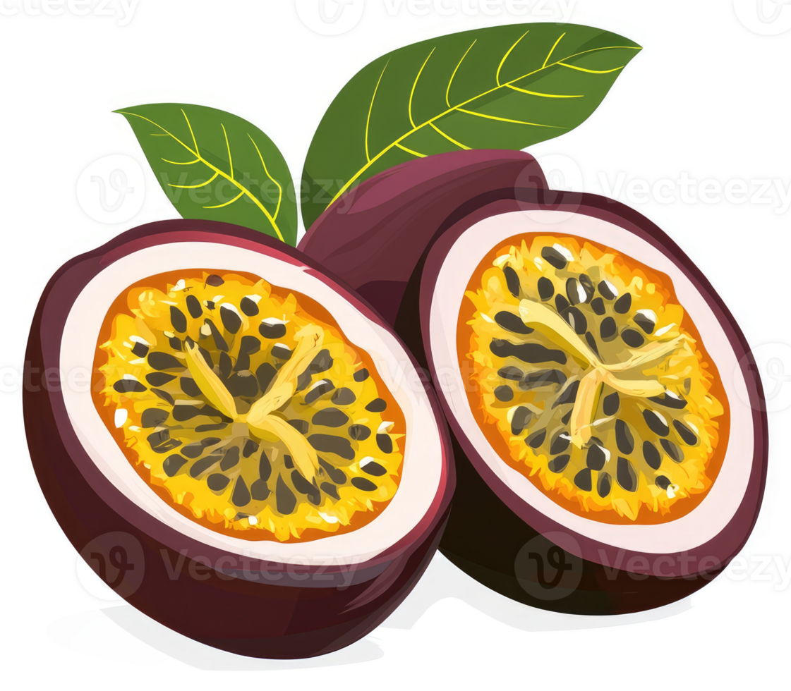 Two halves of a vibrant passion fruit with lush green leaves. png