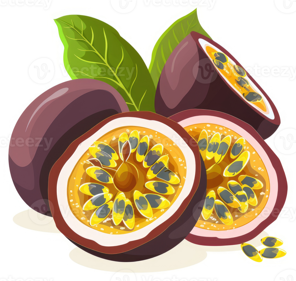 A vibrant display of passion fruit slices and whole fruit. png