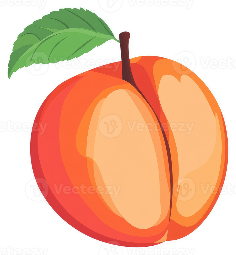 A vibrant illustration of a peach with a green leaf. png