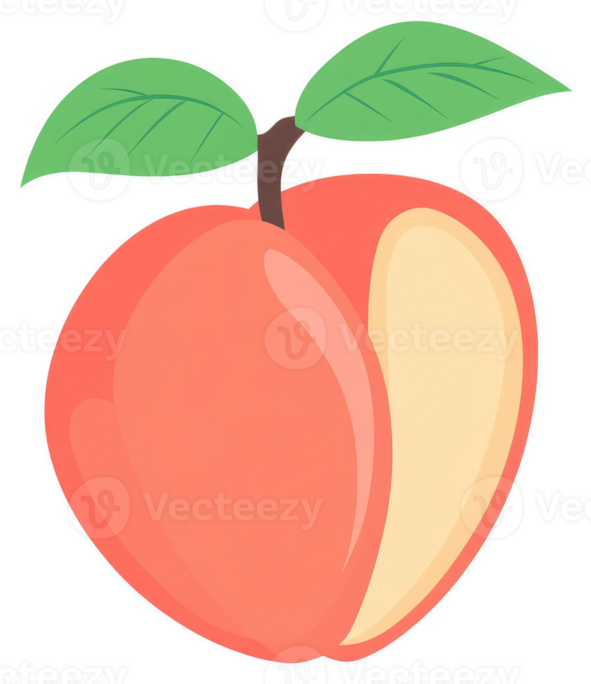 A vibrant, halved peach with luscious green leaves. png