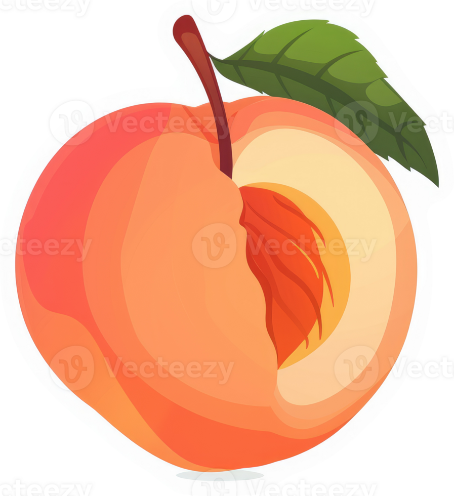 A vibrant illustration of a halved peach with a leaf. png