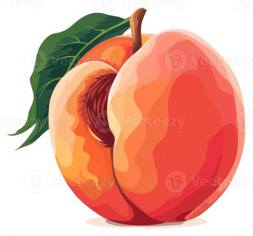 A vibrantly colored illustration of a halved peach with a lush green leaf. png
