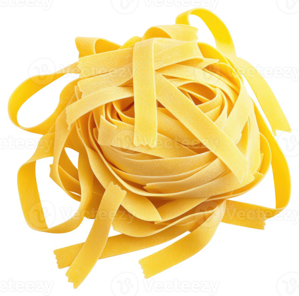 A close-up view of a nest of uncooked fettuccine pasta. png