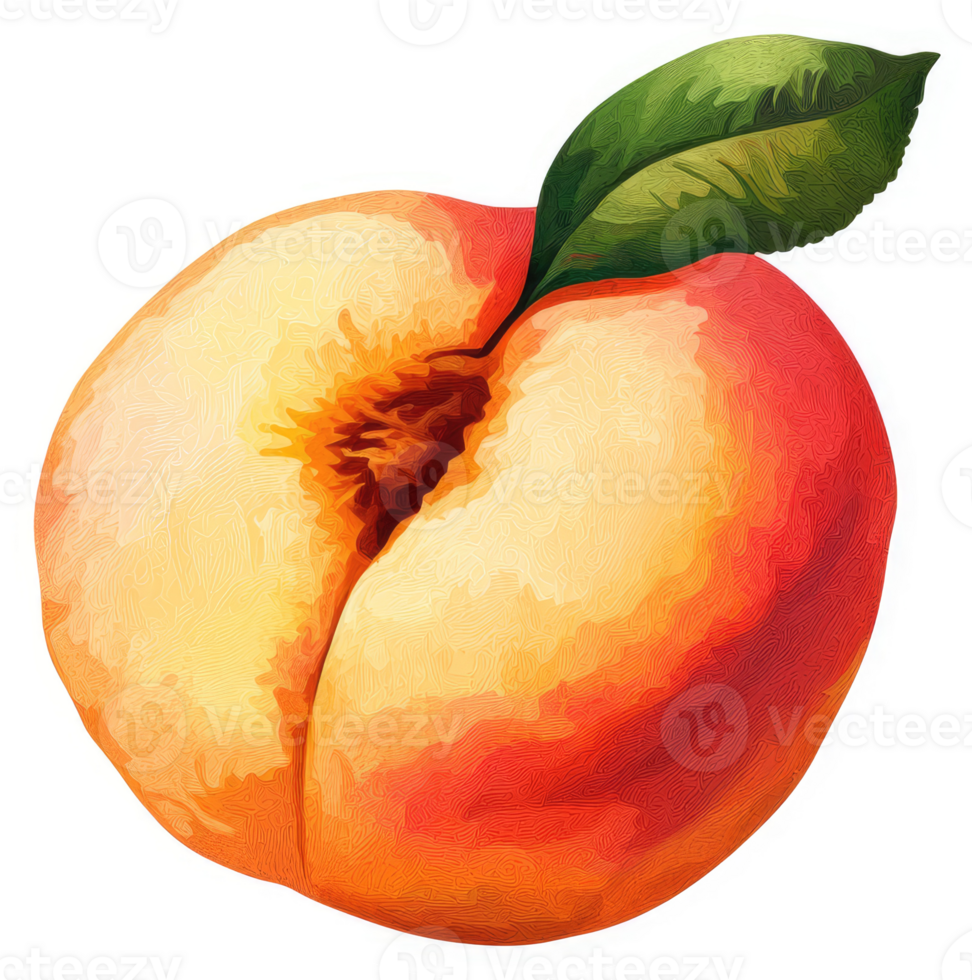 A vibrant illustration of a peach with a single leaf. png