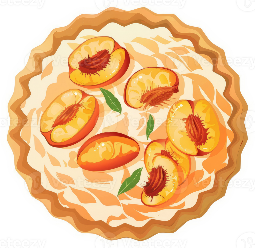 A peach pie with slices of peaches on a creamy filling. png
