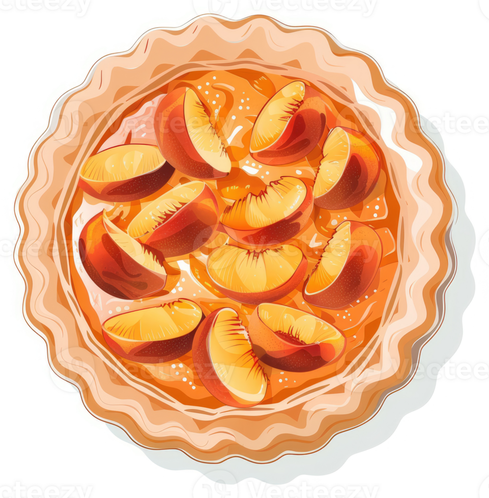A peach pie with many slices of juicy peaches. png