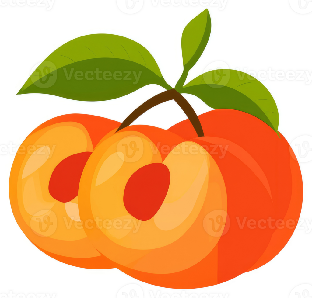 Two ripe peaches with leaves on a stem. png