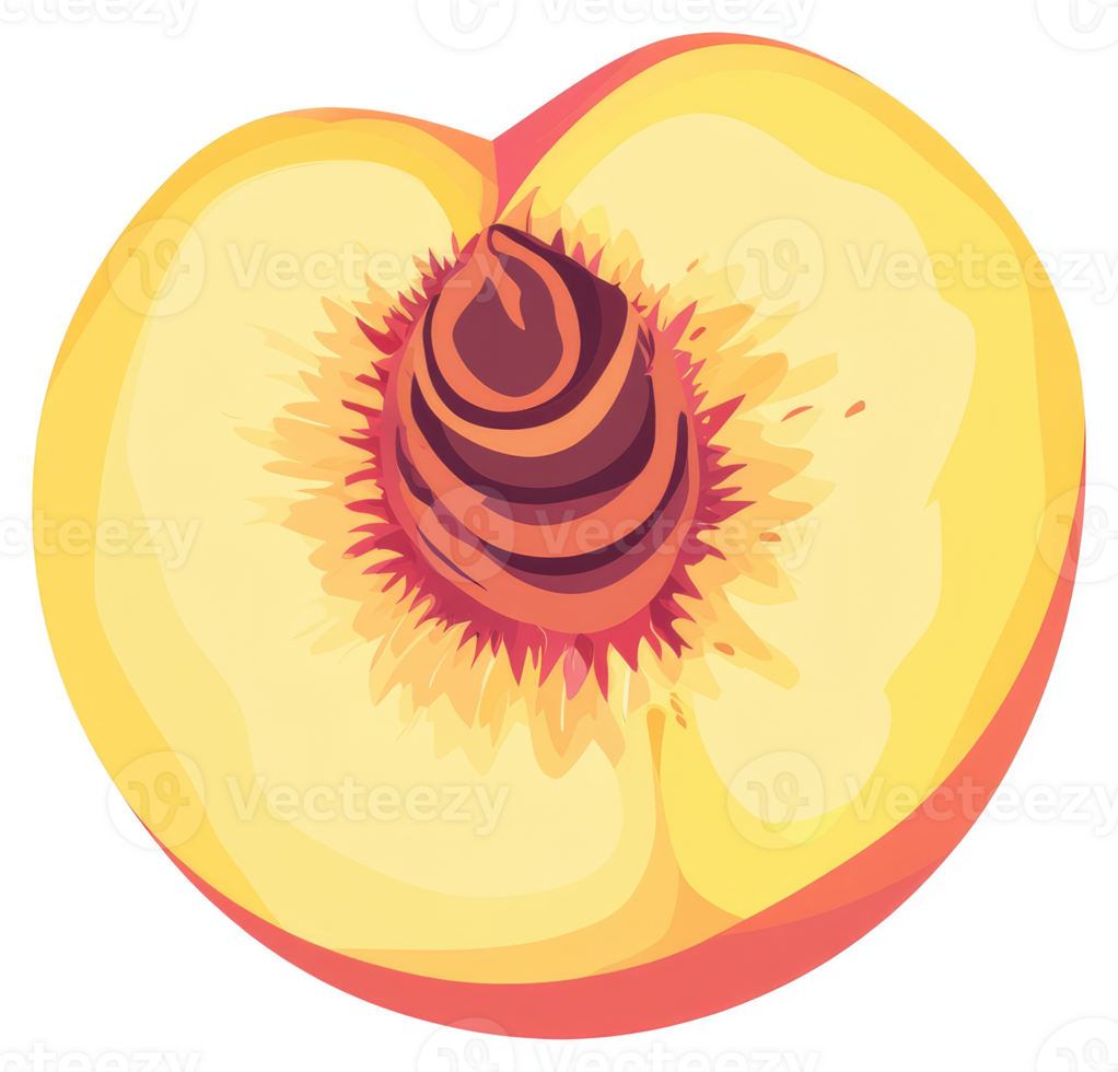 A vibrant illustration of a peach half, showcasing the juicy interior and seed. png