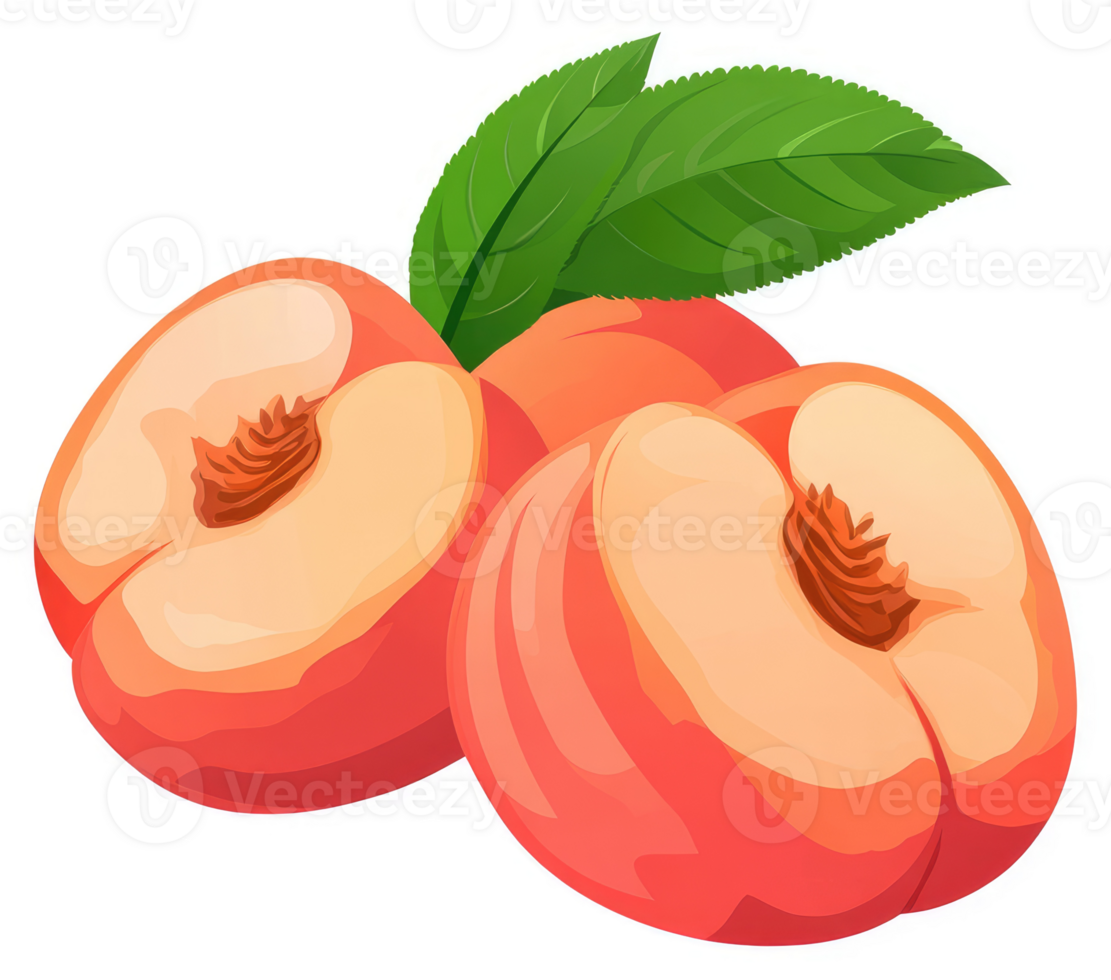 Two halves of a peach with green leaves. png