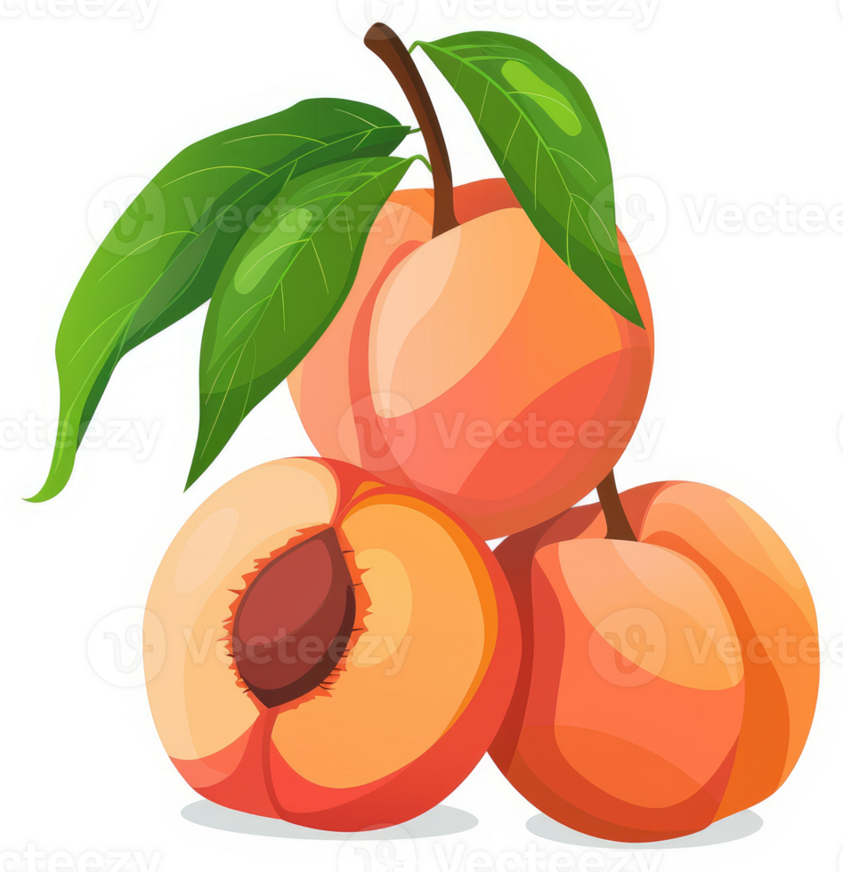 A vibrant depiction of ripe peaches with leaves. png