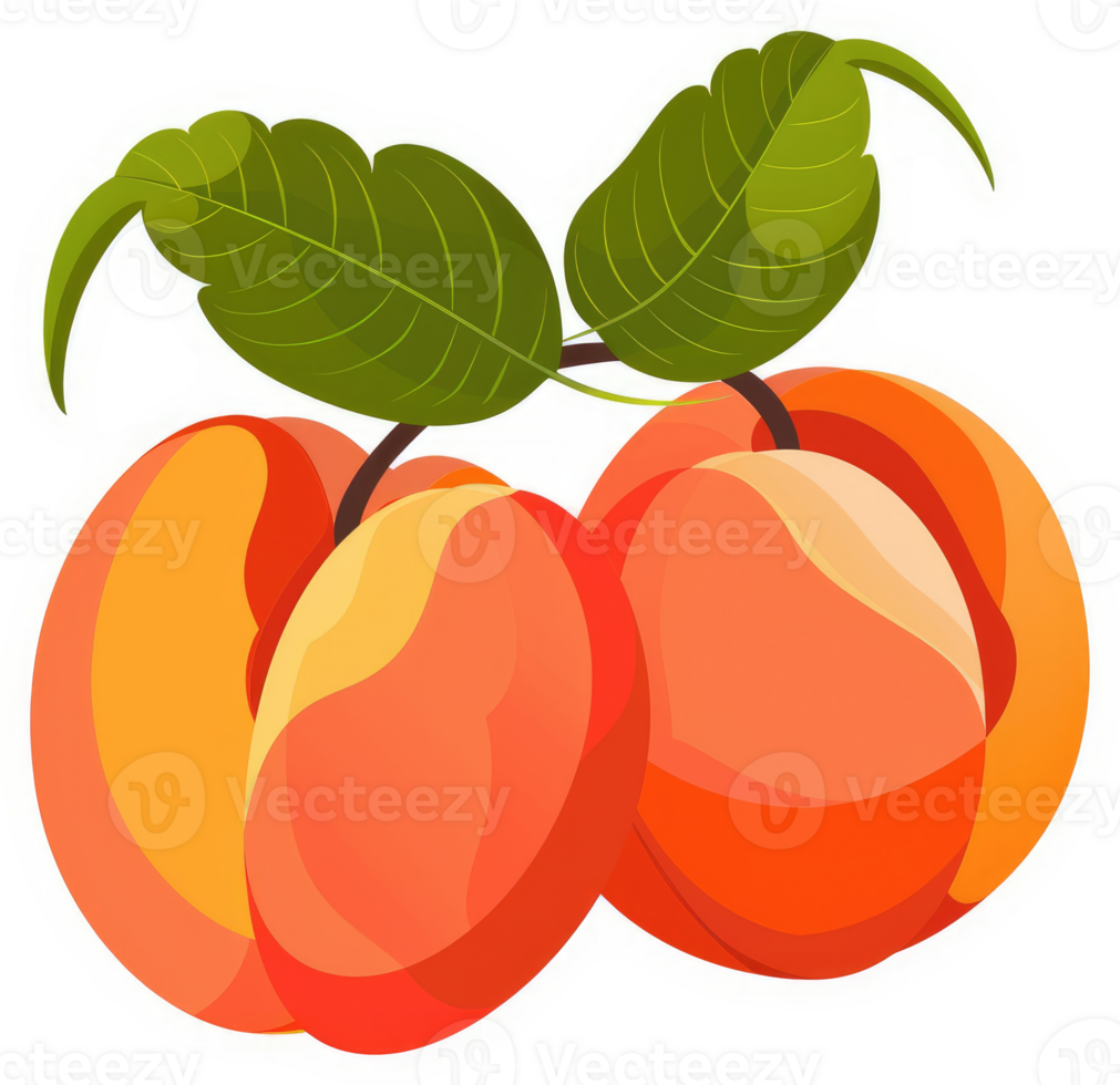 Two juicy peaches with vibrant green leaves. png