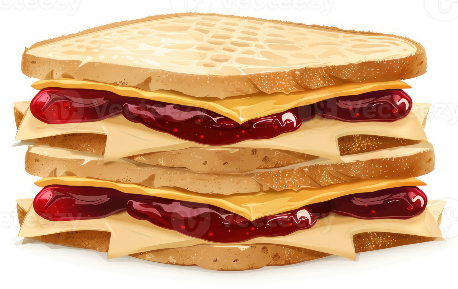 A delicious triple-decker sandwich with layers of bread, cheese, and jam. png