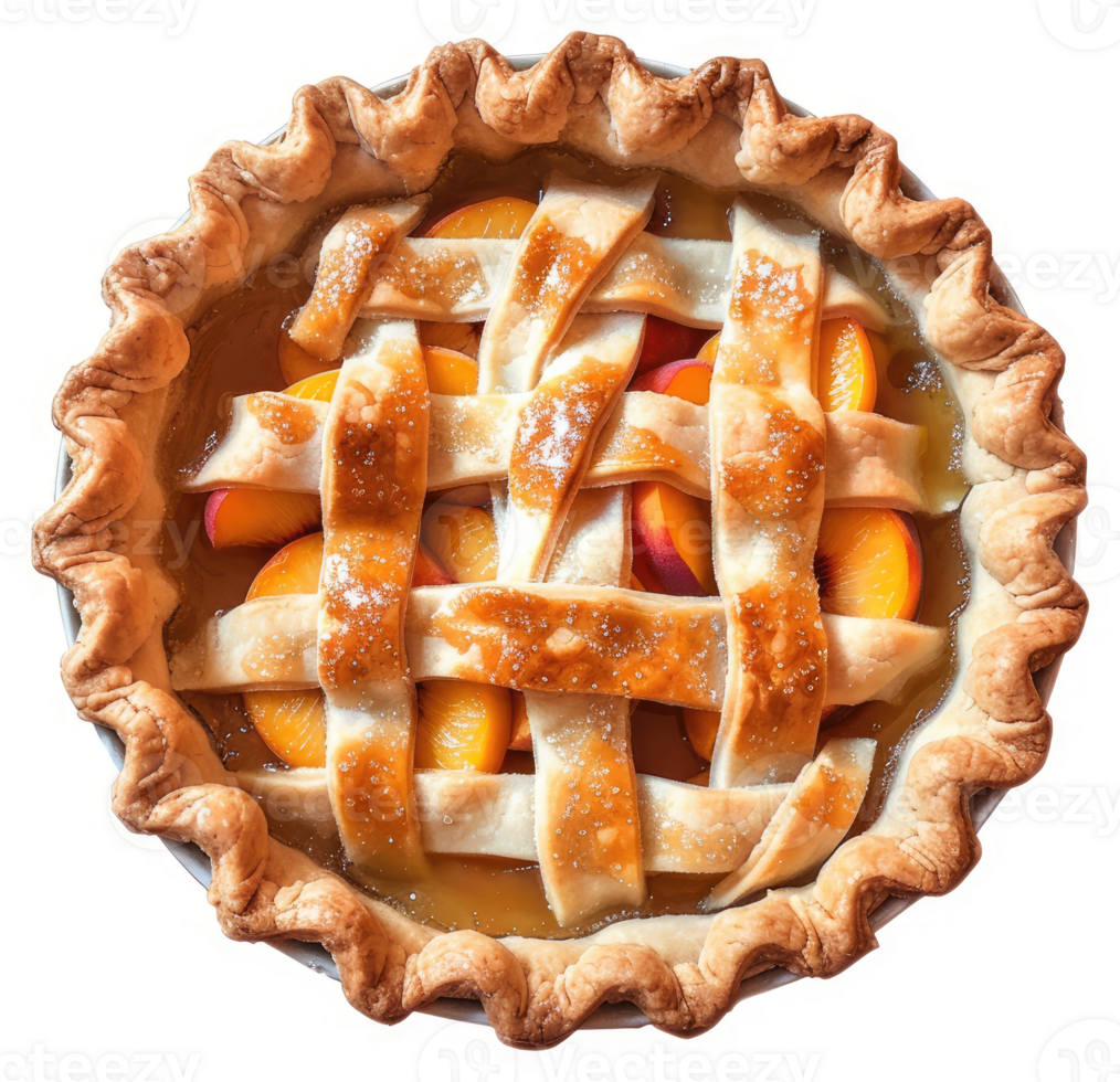 A golden-brown peach pie with a lattice crust. png