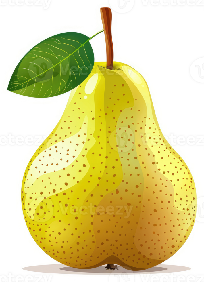 A vibrant yellow pear with a lush green leaf. png