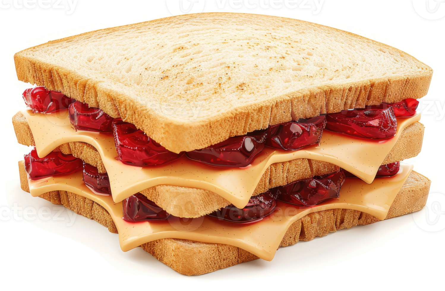 A layered peanut butter and jelly sandwich with cheese and jelly slices. png