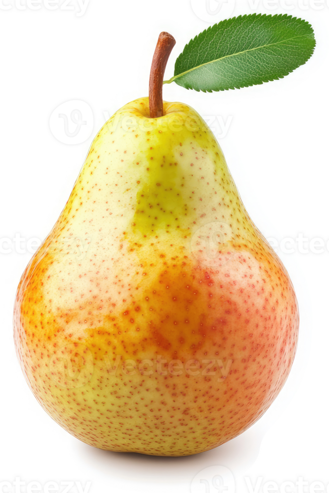 A single, ripe pear with a vibrant, speckled skin and a green leaf. png