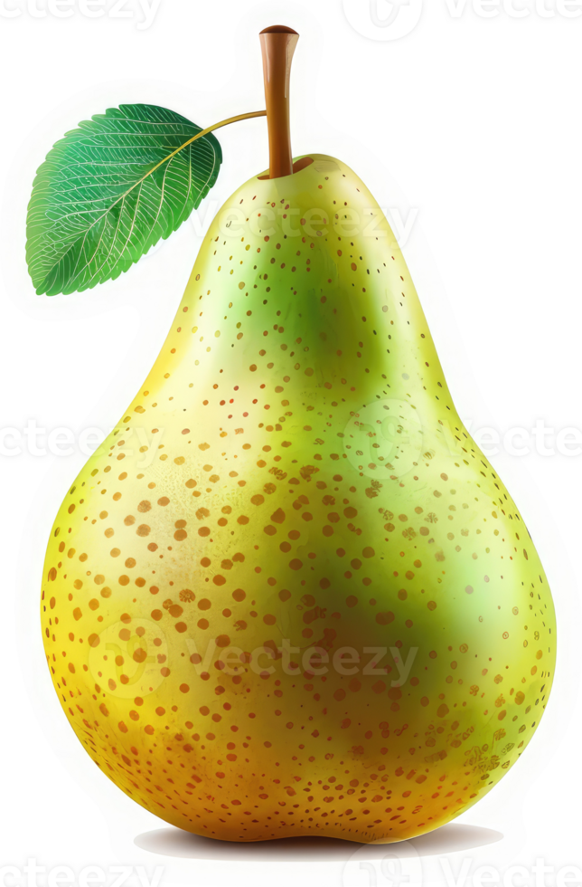 A vibrant, speckled pear with a lush green leaf. png