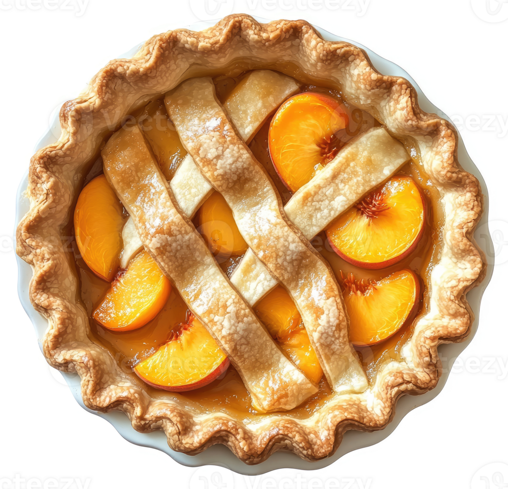 A golden-brown, lattice-topped peach pie, glistening with a sweet, amber filling. png