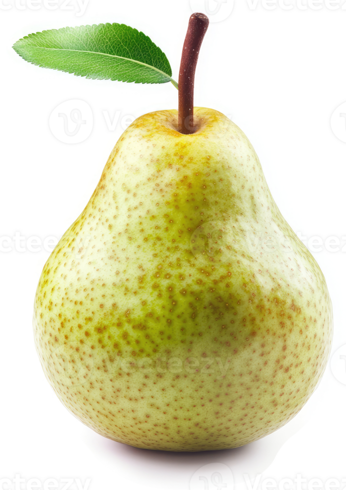 A fresh, vibrant pear with a stem and leaf. png