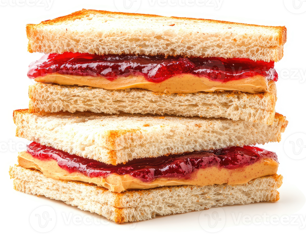 Two peanut butter and jelly sandwiches on whole wheat bread. png