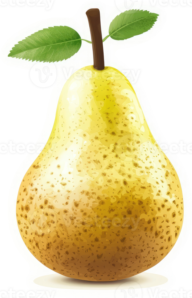 A vibrant yellow pear with green leaves. png