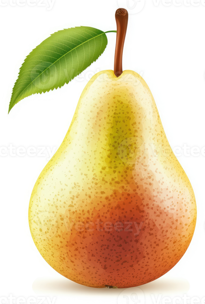 A pear with a vibrant yellow-orange hue and a fresh green leaf. png