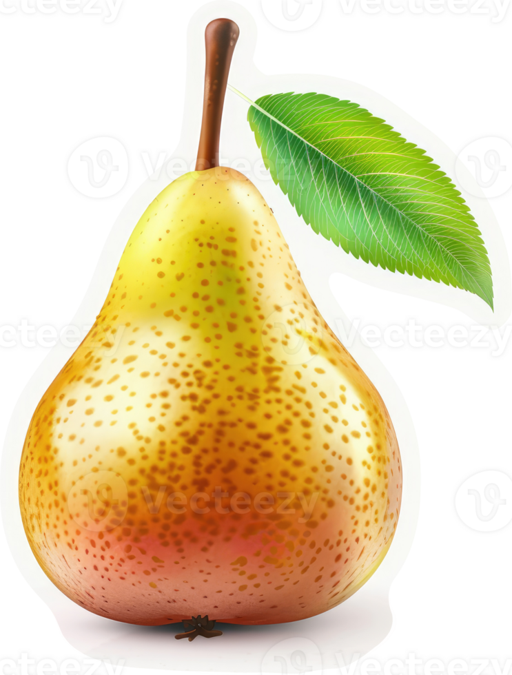 A vibrant, detailed illustration of a ripe pear with a leaf. png
