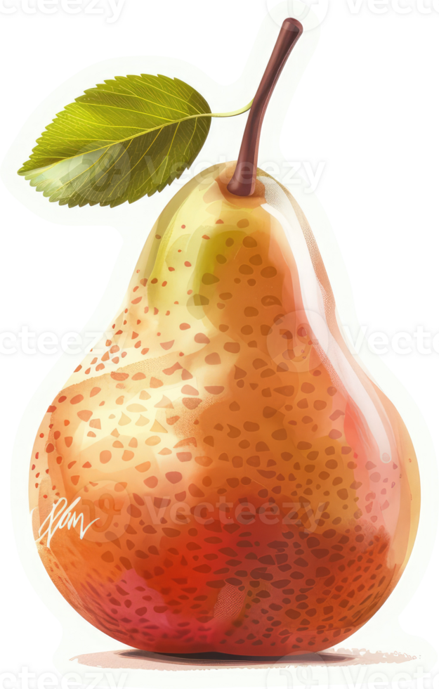 A vibrant illustration of a ripe pear with a leaf. png