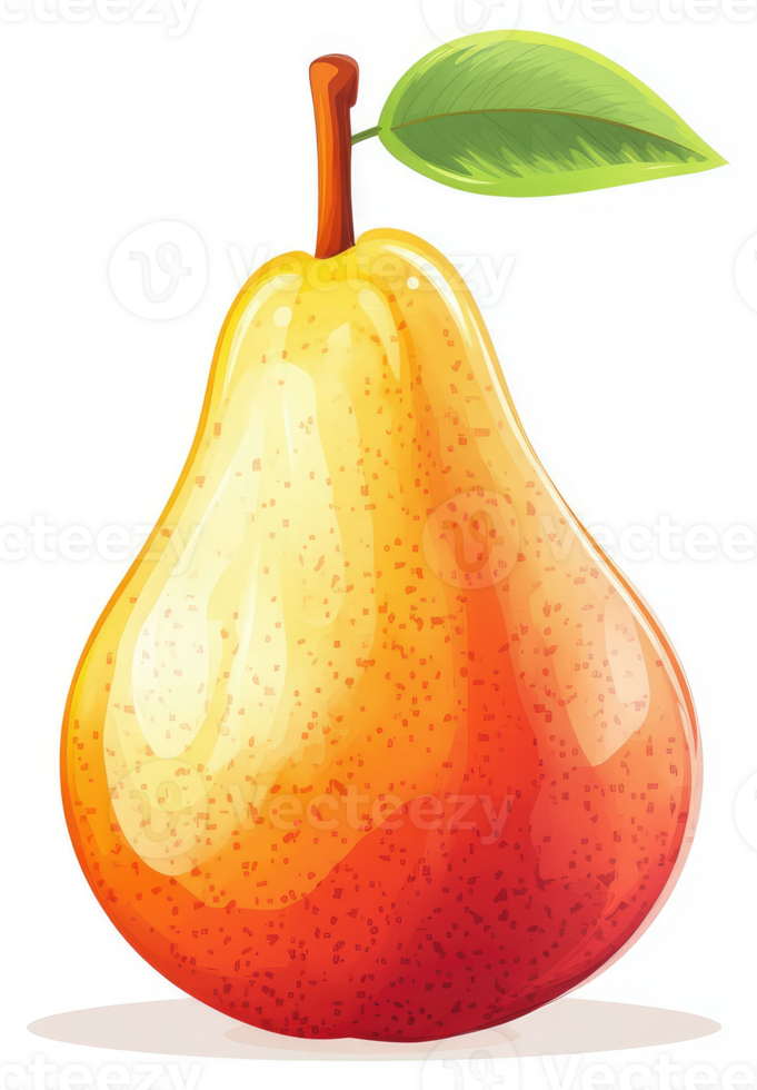 A vibrant illustration of a ripe pear with a stem and leaf. png