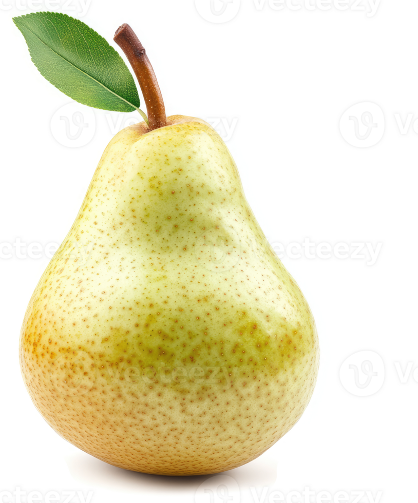A single, ripe, and fresh pear with a green leaf. png