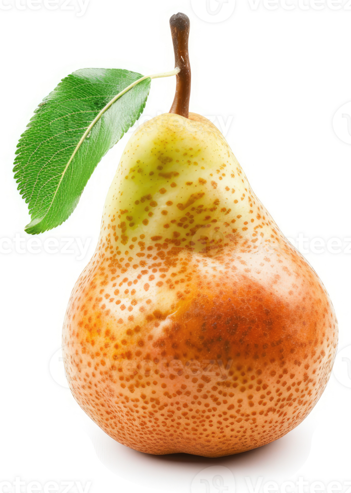 A pear with a fresh green leaf attached. png