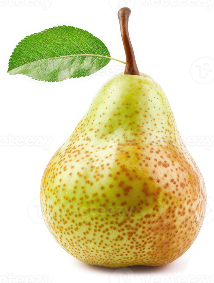 A single, ripe pear with a vibrant green leaf. png