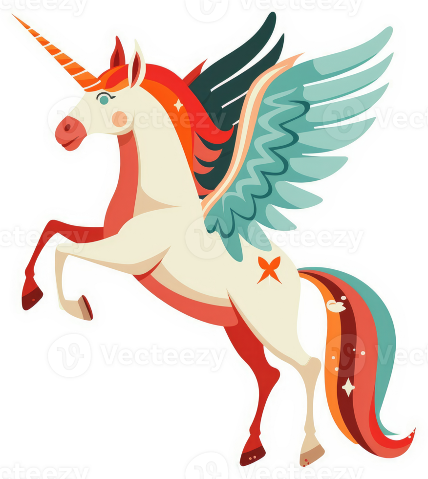 A whimsical winged unicorn with a vibrant rainbow mane and tail. png