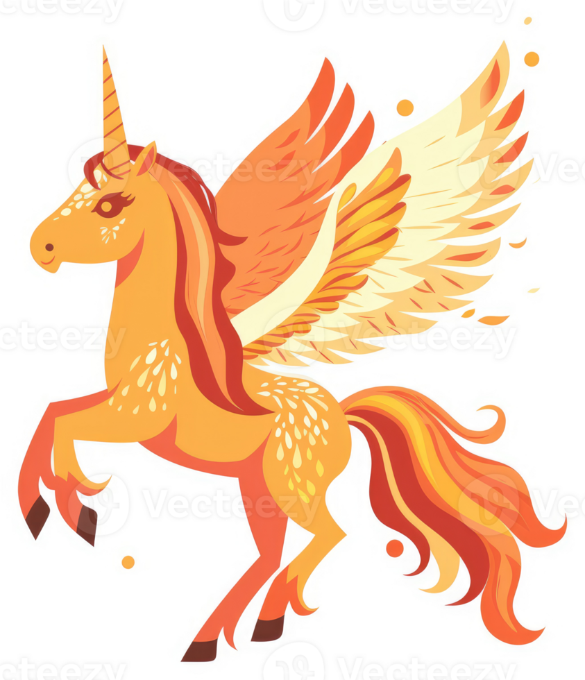 A vibrant orange and yellow winged unicorn, a mythical creature of fantasy. png